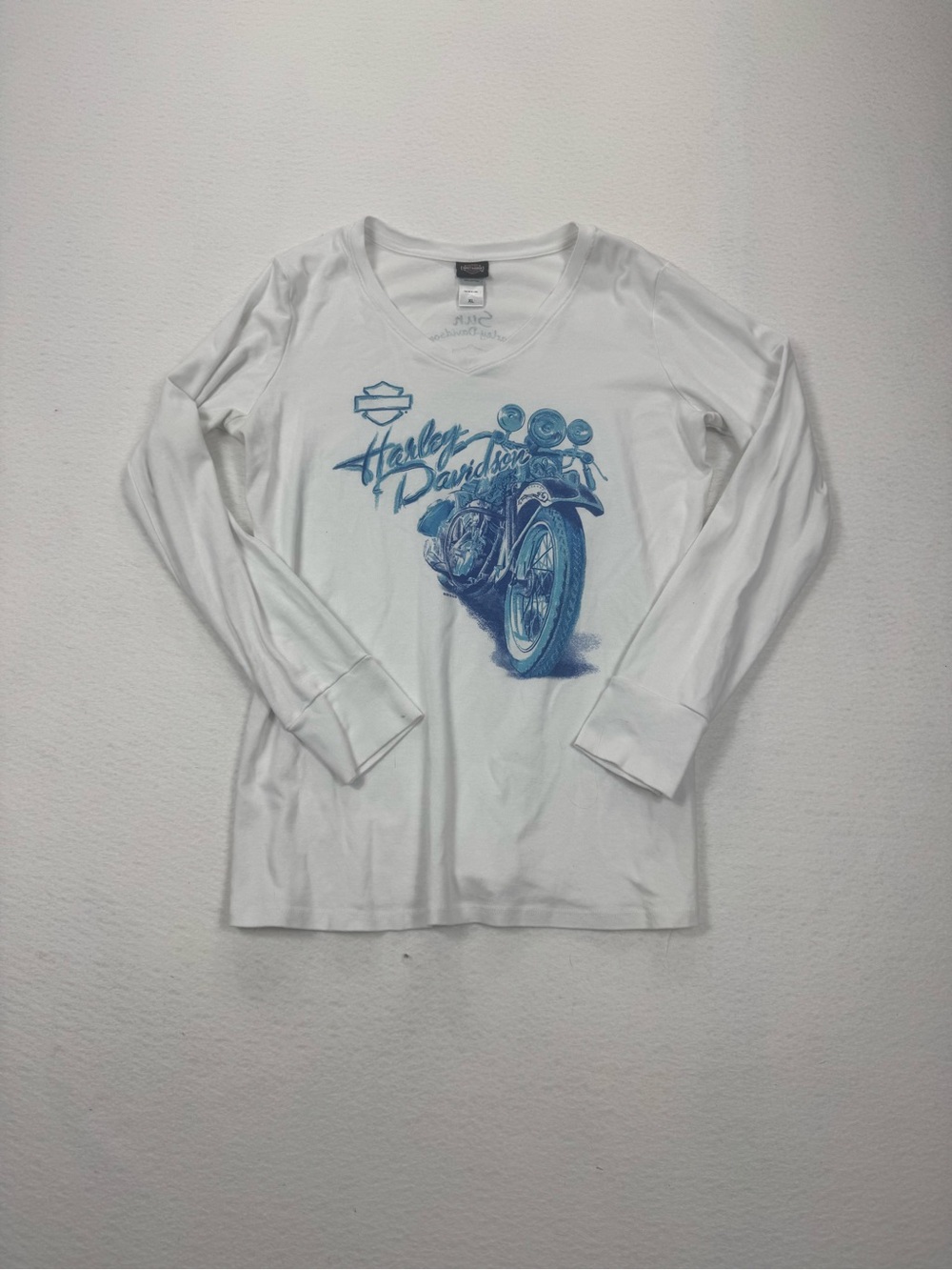 Harley Davidson Women XL White Long Sleeve V-Neck Graphic Shirt Sun HD Denver CO